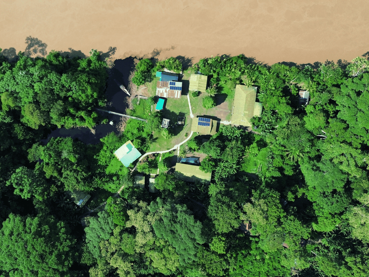 Aerial view of accommodation in the Amazon Rainforest, Peru