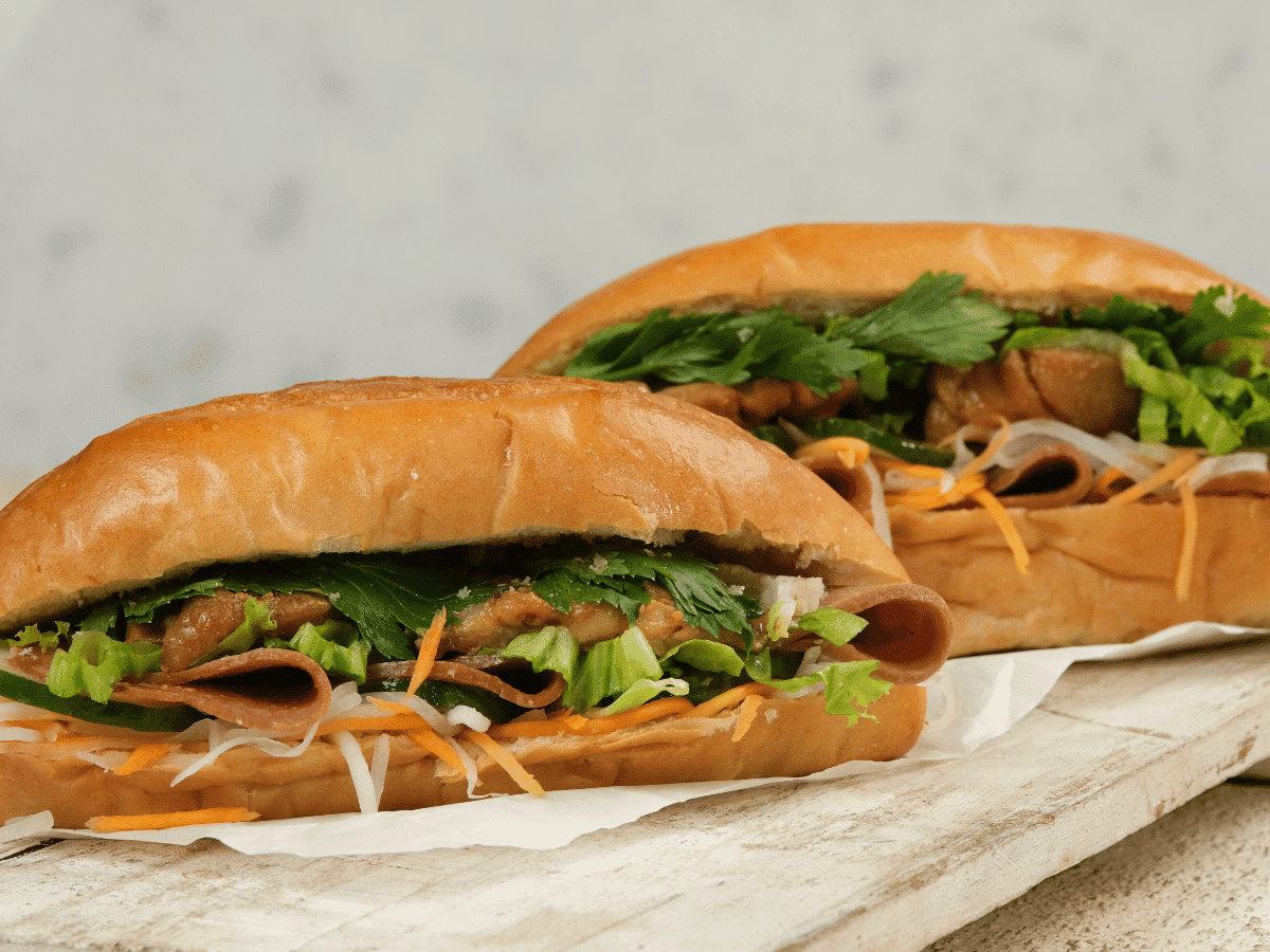 Bánh mì, a short baguette filled with meat and other savoury ingredients